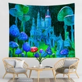 Colorful mushroom castle tapestry with bioluminescent forest pattern for wall decoration - Indigo Green Glowing Forest (CGT059-7)