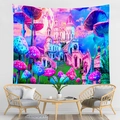 Colorful mushroom castle tapestry wall hanging for bedroom decoration in fantasy style - Pink Sunset Mushroom Castle (CGT059-8)
