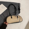 Beige gewebte Stroh-Schultertasche mit schwarzem Lederbesatz und blauer Schleife - Schwarz ohne Anhänger
