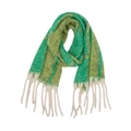 Green and yellow checkered boucle scarf with soft mohair texture and thick white tassels - 185x40+15cm / Green Plaid