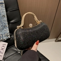 Elegant black sequin party clutch bag with golden rhinestone handle and metal clasp closure - Evening Bag / Black