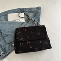 Black corduroy tote bag with red cherry embroidery and elegant metal chain strap - Black