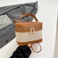 Mini cylinder bucket bag in brown leather and cream canvas with top handle and strap - Brown