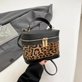 Leopard print bucket crossbody bag with black PU leather and gold double zippers - Leopard Black