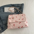 Pink corduroy shoulder bag with cherry embroidery and gold chain strap variant - Pink