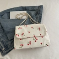 Cream corduroy small tote bag with red cherry prints and golden chain shoulder strap - White