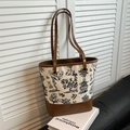 Borsa tote vintage in tela con stampa cinese e finiture in pelle marrone in casa - Marrone