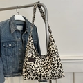 Leopardenmuster Cord-Shopper mit Mode-Label und geräumigem Schultergurt-Design - Weiß