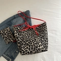 Leopard-Canvas-Taschen-Set mit roten Schleifen-Details und passendem kleinen Beutel - Rot