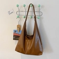 Grand sac à bandoulière marron caramel en cuir PU brillant avec sangle réglable - Marron