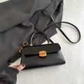Vintage black patent leather handbag with gold square buckle and adjustable shoulder strap - Black