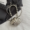 Mini silver shell-shaped crossbody bag with mirror finish and metal bead chain strap - White Shell Silver