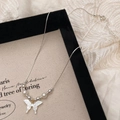 Detail of shell butterfly pendant necklace with pearls on lace and vintage canvas - Silver