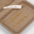 Detailed view of long gold tassel earrings on a vintage tray with handmade label - Pull-through Tassel Earrings / Gold