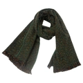 Detail of dark green herringbone scarf with colorful flecks and natural fringed edges - Green Speckled