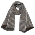 Close-up of multicolored herringbone knit shawl with classic short fringe details - White Speckled