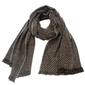 Detail of dark grey tweed scarf with colorful fiber specks and short fringe edges - Coffee Blue Speckled
