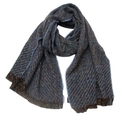 Detail of dark blue herringbone scarf featuring vibrant multicolor flecks and fine tassels - Blue Speckled