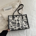 Bolso tote retro de lona con patrón de pintura de tinta china y correas de cuero negro - Negro
