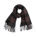 Close-up of classic black plaid scarf featuring multicolor stripes and long tassel details - Houndstooth Black