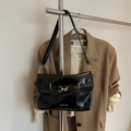 Glossy black leather envelope shoulder bag with gold metal buckle and slender strap - Black