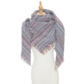 Detail view of thick multi-color plaid knit scarf with soft cashmere-like texture and fringe - 135x135cm / Gray