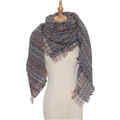 Macro detail of multicolored plaid knit scarf featuring natural long fringe texture - 135x135cm / Black