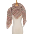 Detail of multi-color plaid scarf showing thick knit texture and fringe edges on mannequin - 135x135cm / Brown