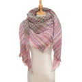 Close-up of multicolored plaid triangle scarf with frayed edges on a white mannequin - Pink / 135x135cm