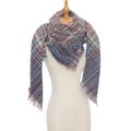 Detail of colorful plaid scarf showing knit texture and fringe edges on a mannequin - Navy Blue / 135x135cm