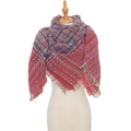 Close-up of thick plaid shawl scarf with multicolor pattern and fringe tassels on a mannequin - Red / 135x135cm