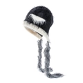 Detail of winter knit hat with cat ears, white plush trim and long grey fur tassels - 29 x 23cm / 05# Black