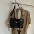 Glossy black patent leather square bag with gold buckle and plush charm detail - Black with Pendant