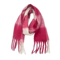 Macro view of fluffy fuchsia and cream checkered knit scarf with thick fringe tassel details - Rose White