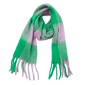 Detailed view of green and purple plaid winter scarf with thick twisted tassels - Green and Pink