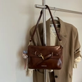 Dark brown oil wax leather square shoulder bag with vintage metal clasp and plush pendant - Brown with Pendant