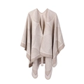 Detail of beige wool blend shawl showing coffee geometric patterns and soft knit texture - One Size / Khaki