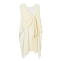 Close-up of ribbed knit texture and twist knot detail on cream women's shawl cardigan - Beige