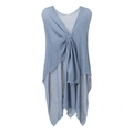 Detail of light blue lightweight mesh knit shrug featuring a front twist knot design - Denim Blue
