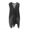 Detail of black knit shawl wrap featuring a central knot and asymmetric draped hem - Black