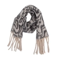 Detail view of wavy jacquard knit scarf with stylish marble pattern and long white tassels - Dark Grey Water Ripple