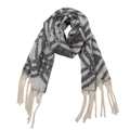 Close-up of thick winter scarf featuring grey check pattern and cream fringe tassels - Grey Large Plaid