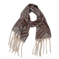 Detailed view of thick knit scarf with geometric pattern and long creamy white tassels - Brown Large Plaid