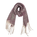 Macro detail of soft plaid knit scarf with long cream fringes in purple and taupe hues - Khaki Purple Large Plaid