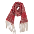Close-up of thick knit plaid scarf with red grey diamond pattern and white long tassels - Red Large Plaid