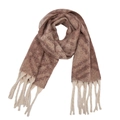 Detail of chunky knit scarf with brown plaid pattern and thick fringe tassels - Coffee Large Plaid