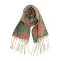 Close-up of winter knit scarf with argyle pattern and chunky cream tassels - Green Argyle (06#)
