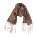 Detailed close-up of brown geometric jacquard knit scarf with creamy white fringe tassels - Brown Coffee Argyle (08#)