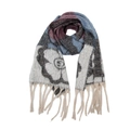Detail of soft loop yarn scarf featuring colorful jacquard floral pattern and fine tassels - Grey Blue Floral (TH50-05#)