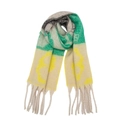 Detail of knitted fringe scarf featuring green and yellow abstract jacquard floral patterns - Yellow Green Grey Floral (TH50-06#)